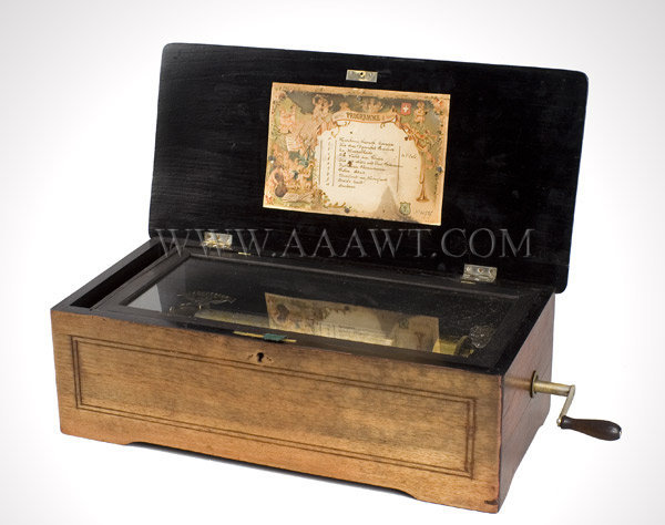 Music Box, Veneered Case, Ten Tune
Swiss
Third Quarter 19th Century
Jacots Safety Check, M.F. 1816 Changer, entire view